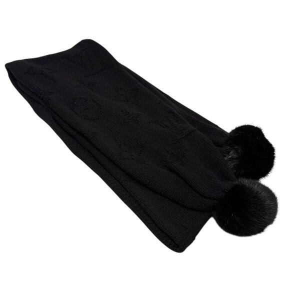 LOUIS VUITTON Vintage Monogram Escharpe Fur Scarf Shawl Black Cashmere [106439] - Picture 9 of 12